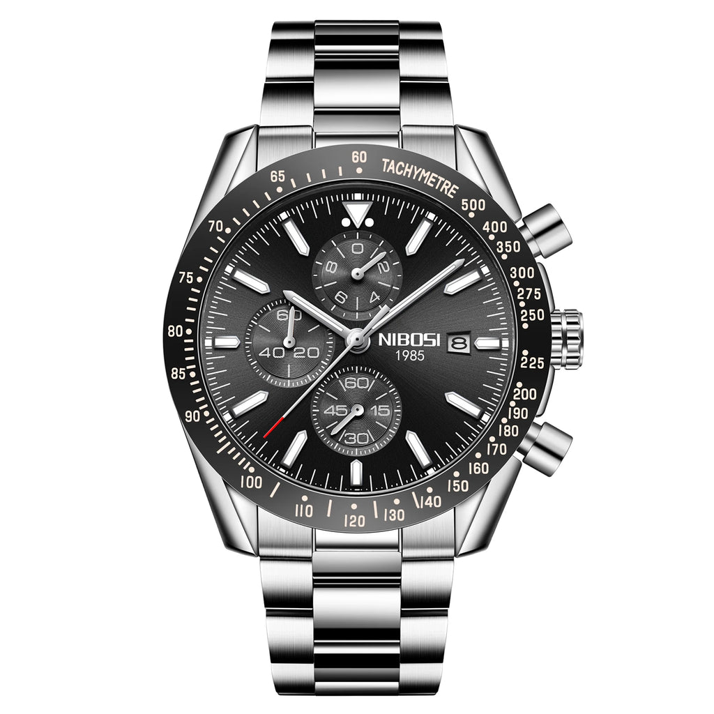 NIBOSI 2615 Sport Stainless Steel Band Wristwatch Men Watch Luminous Chronograph Quartz Watches