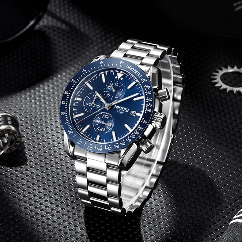 NIBOSI 2615 Sport Stainless Steel Band Wristwatch Men Watch Luminous Chronograph Quartz Watches