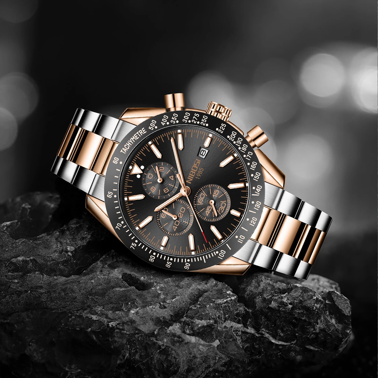 NIBOSI 2615 Sport Stainless Steel Band Wristwatch Men Watch Luminous Chronograph Quartz Watches