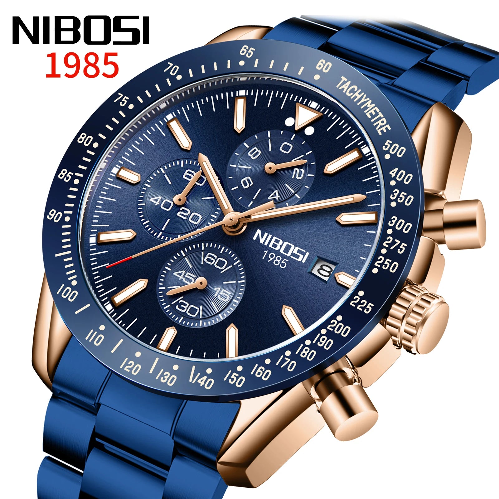 NIBOSI 2615 Sport Stainless Steel Band Wristwatch Men Watch Luminous Chronograph Quartz Watches
