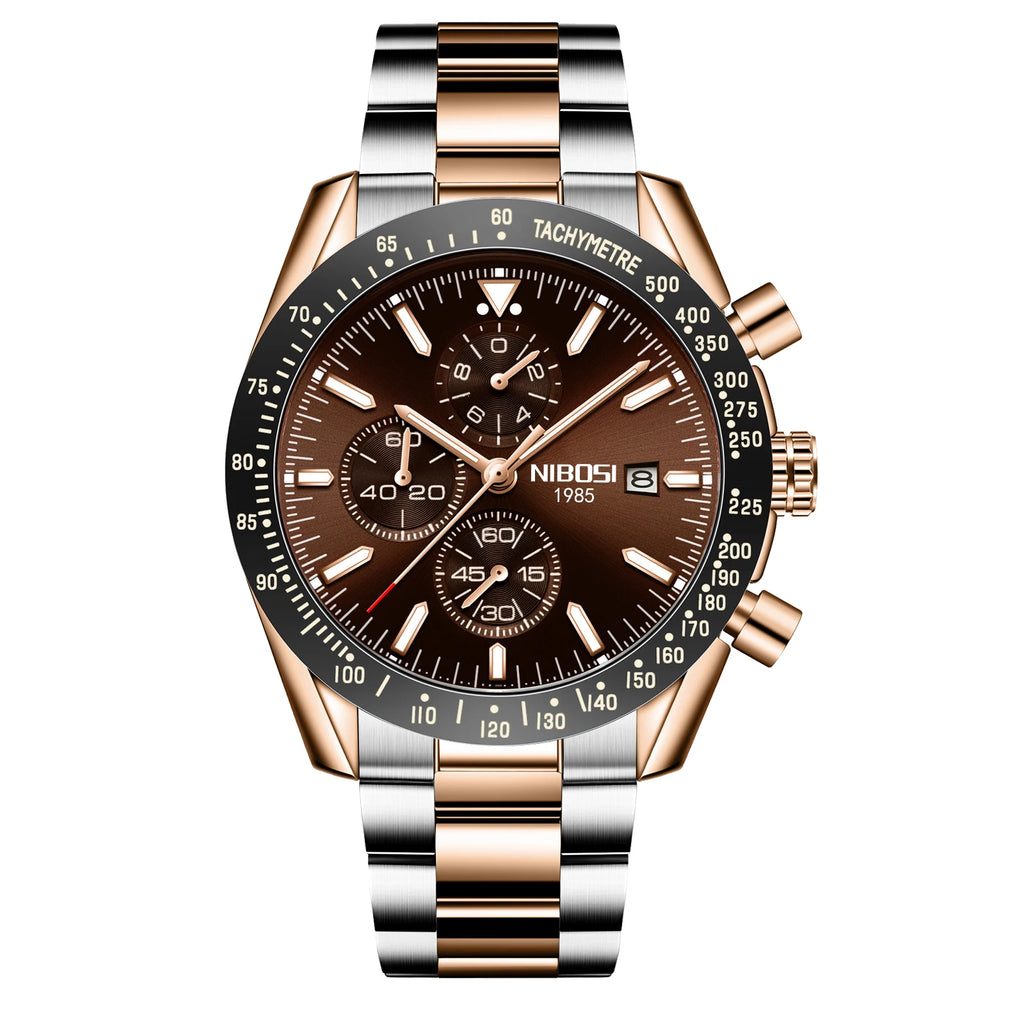 NIBOSI 2615 Sport Stainless Steel Band Wristwatch Men Watch Luminous Chronograph Quartz Watches