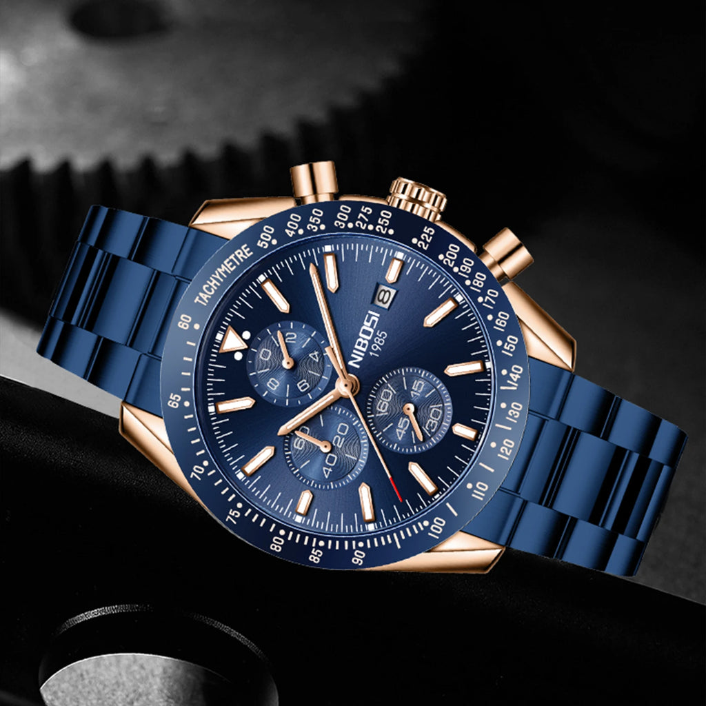 NIBOSI 2615 Sport Stainless Steel Band Wristwatch Men Watch Luminous Chronograph Quartz Watches