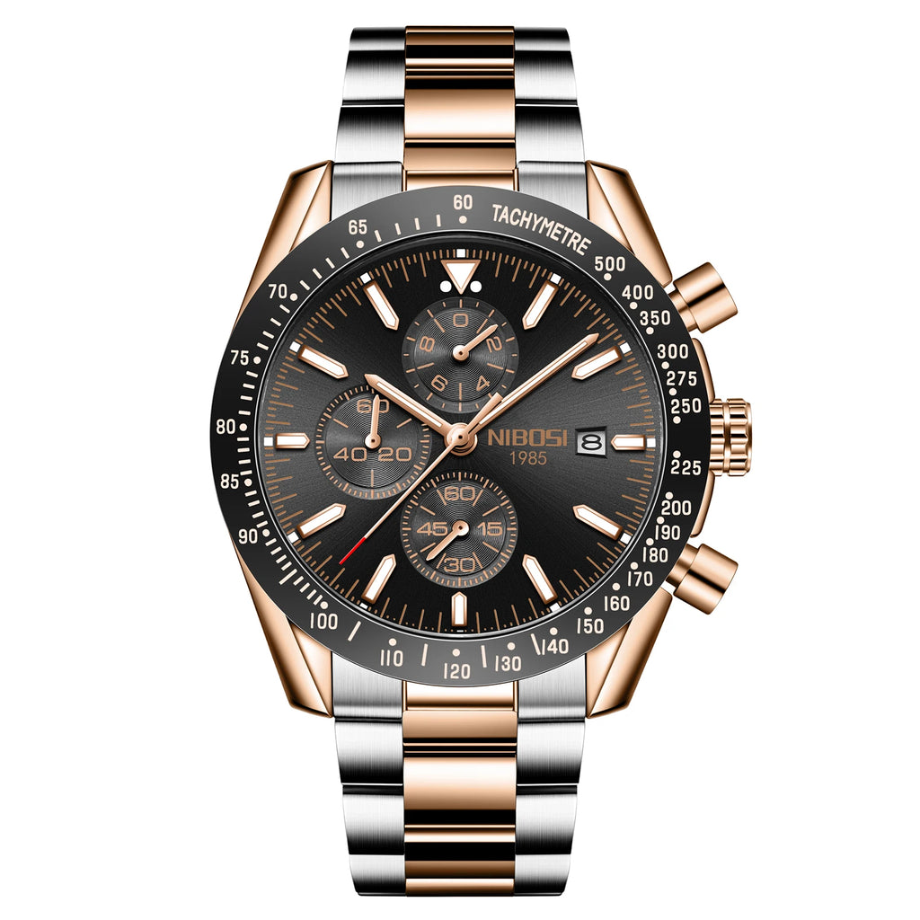 NIBOSI 2615 Sport Stainless Steel Band Wristwatch Men Watch Luminous Chronograph Quartz Watches
