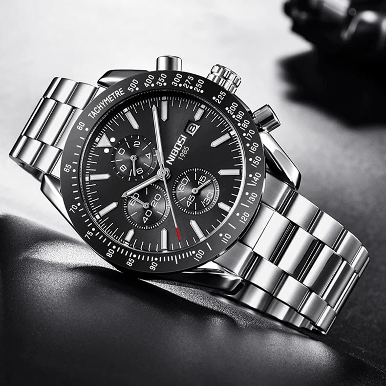 NIBOSI 2615 Sport Stainless Steel Band Wristwatch Men Watch Luminous Chronograph Quartz Watches