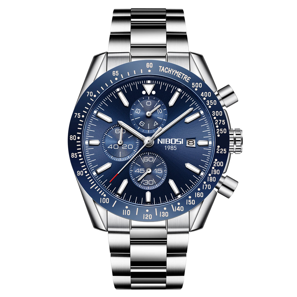 NIBOSI 2615 Sport Stainless Steel Band Wristwatch Men Watch Luminous Chronograph Quartz Watches