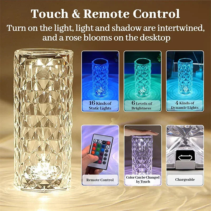 16 Colors LED Rose Light Projector Crystal Table Lamp Home Bar Decoration Touch Recharging Romantic Diamond Atmosphere Light