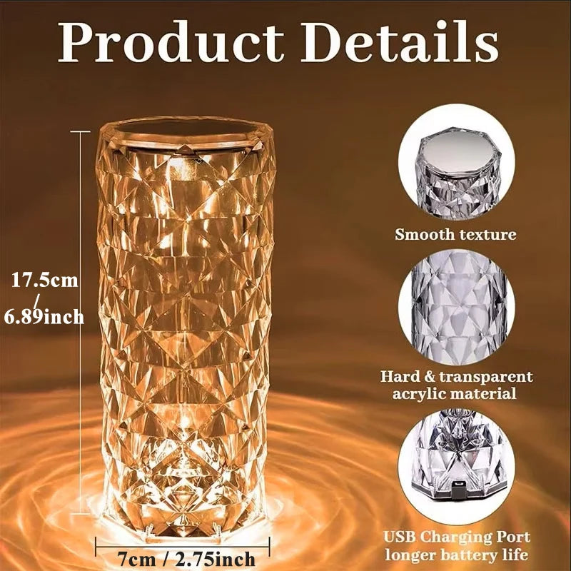 16 Colors LED Rose Light Projector Crystal Table Lamp Home Bar Decoration Touch Recharging Romantic Diamond Atmosphere Light