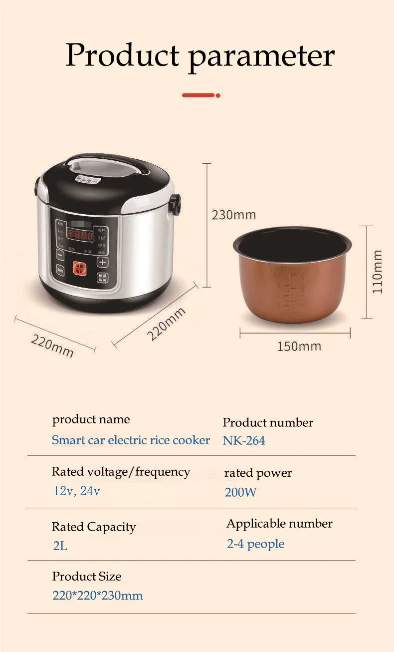 12V 24V Mini Rice Cooker Car Truck Soup Porridge Cooking Machine Food Steamer Heating Lunch Box Meal Heater Warmer 1L / 2L