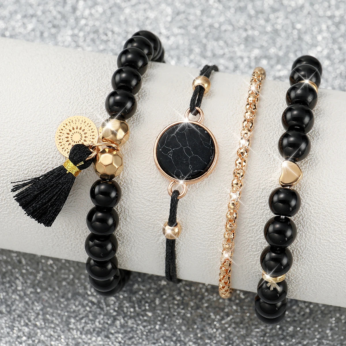 5pcs/set Women Silicone Band Quartz Watch and Beads Tassels Bracelet Set